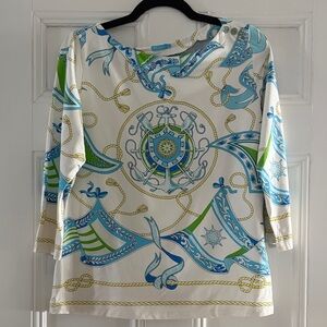 Women's Nautical Print Boat-Neck Top in White, Blue & Green